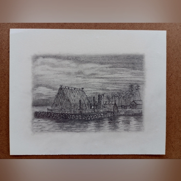 Scenic Hawaiian Graphite Drawing - Kamakahonu, Residence Of King Kamehameha. - Picture 3 of 11